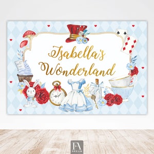 Alice in Wonderland Backdrop Banner Alice in Onederland Girl Blue 1st Birthday Mad Tea Party