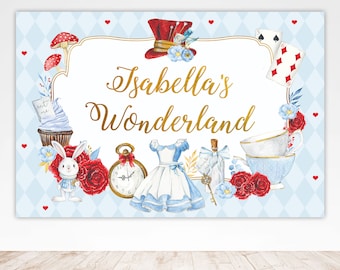 Alice in Wonderland Backdrop Banner Alice in Onederland Girl Blue 1st Birthday Mad Tea Party