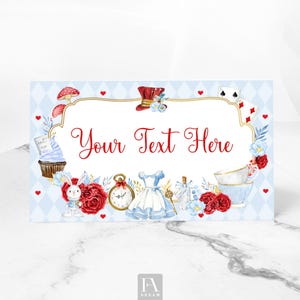 Editable Alice Food Label Template, Alice in Wonderland Blue First 1st Birthday Party Table Decor printable instant download Corjl