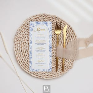 Blue Toile Bridal Shower Menu – Printable Elegant Menu Card, Blue Toile Theme, Vintage Floral Wedding Shower Decor