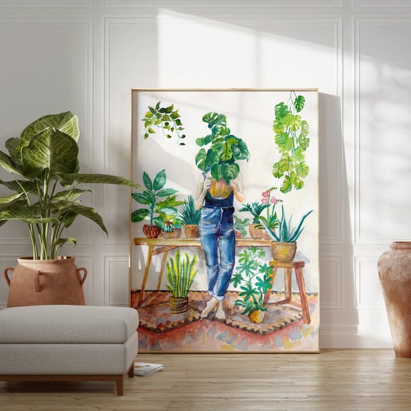 Plant Lady Print, Indoor Plant Poster, Boho Wall Art, Aeshtetic Poster, Fine Art Print