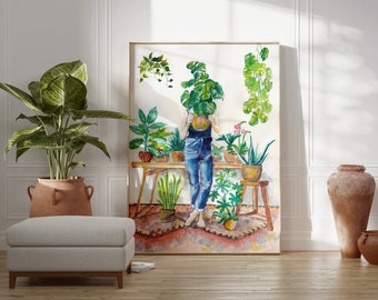 Plant Lady Print, Póster de plantas de interior, Arte de pared boho, Póster estético, Impresión de bellas artes