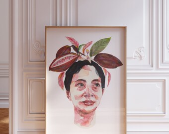 Botanical Woman Portrait Art Print — Cocoa Queen, Earth Tone Spiritual Wall Art