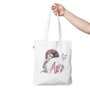 Bio-Fashion-Stoffbeutel 'Cat Lady' Katze Illustration, Geschenk Katzenliebhaber, Katze Print, Freche Katze , Katze tote bag, Bio Tasche Bild 2