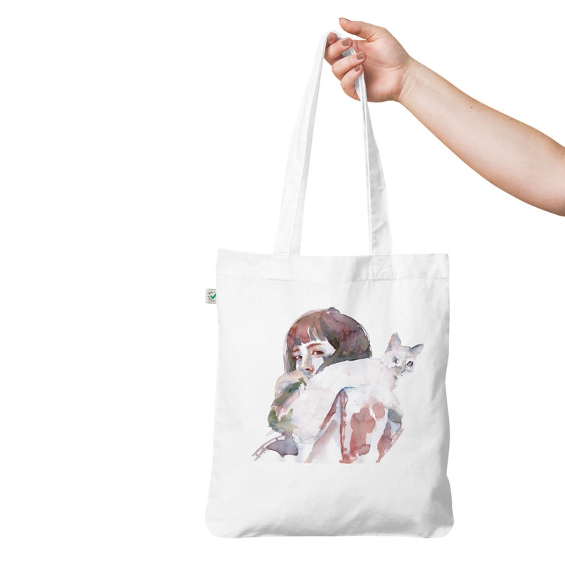 Bio-Fashion-Stoffbeutel 'Cat Lady' Katze Illustration, Geschenk Katzenliebhaber, Katze Print, Freche Katze , Katze tote bag, Bio Tasche Bild 2