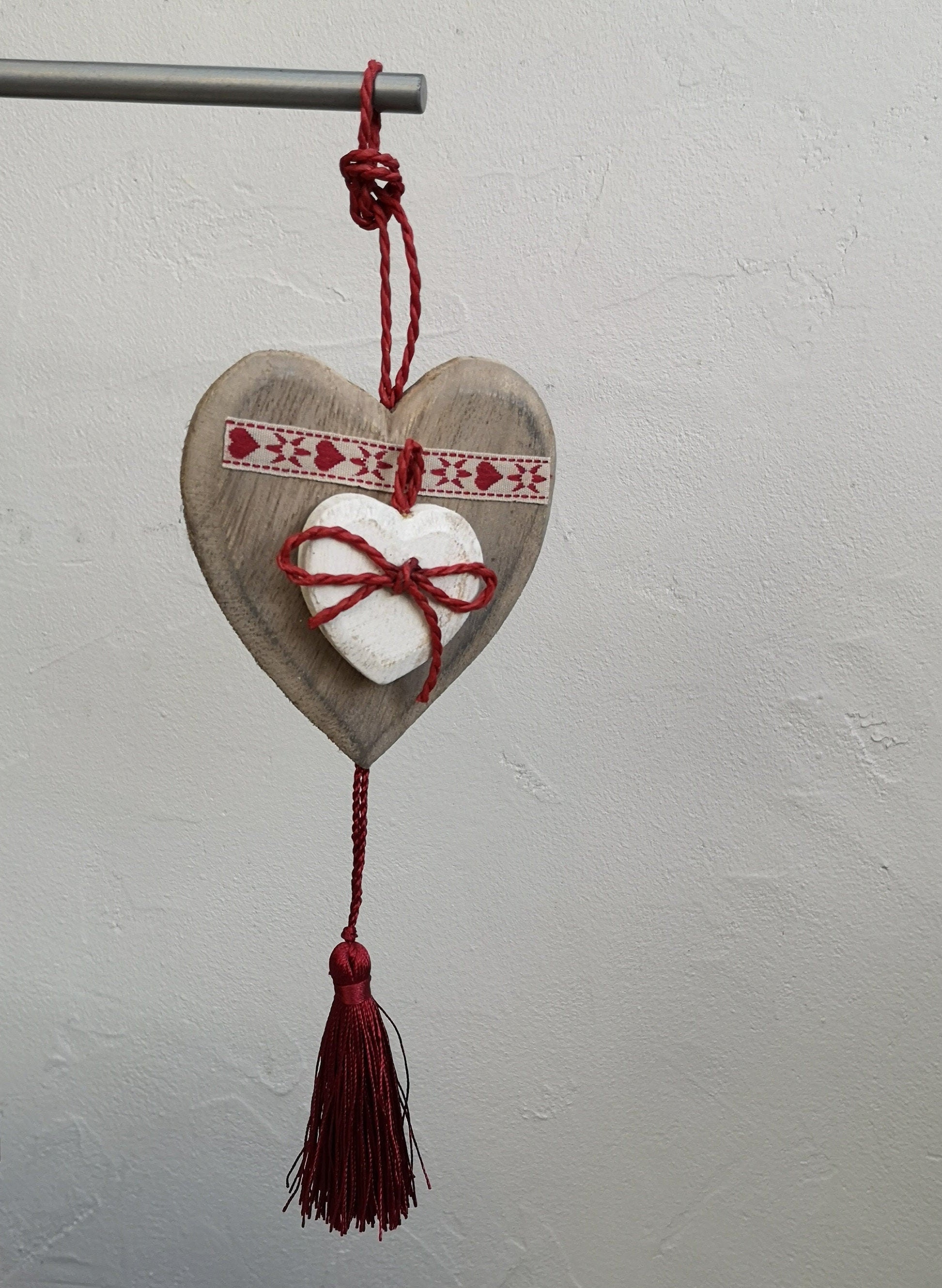 Décoration de Noël à Suspendre Cœur Bois et Pampille