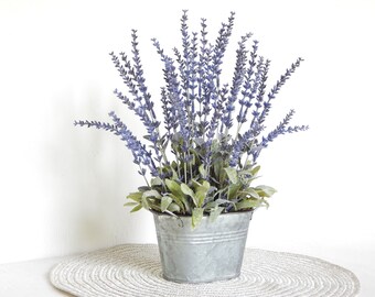 Faux Lavender Plant in Metal Container, Farmhouse Flowers For Shelf Decor, 14 Inch Tall Artificial Plant Arrangement