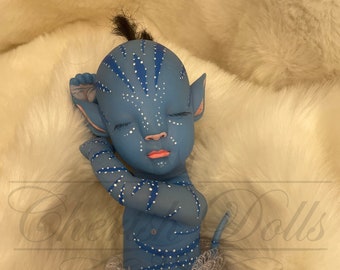 Fantasy avatar full vinyl reborn baby girl doll Navi anatomically correct 13" 1lb 4oz glow in the dark hand painted blue hand rooted mohawk