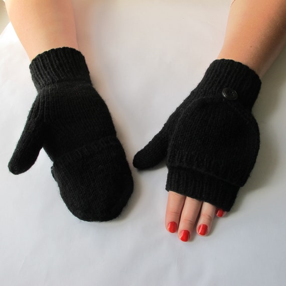 Fingerless Black Cat Mittens. Convertible Animal Mittens. Animal