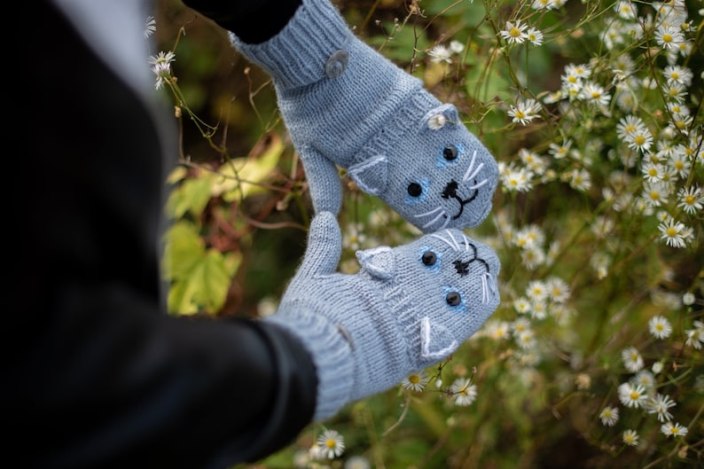 Fingerless cat mittens. Animal fingerless gloves. Hand knit cat mittens. Wrist warmers. Cat motif arm warmers. Convertible animal mittens. image 1
