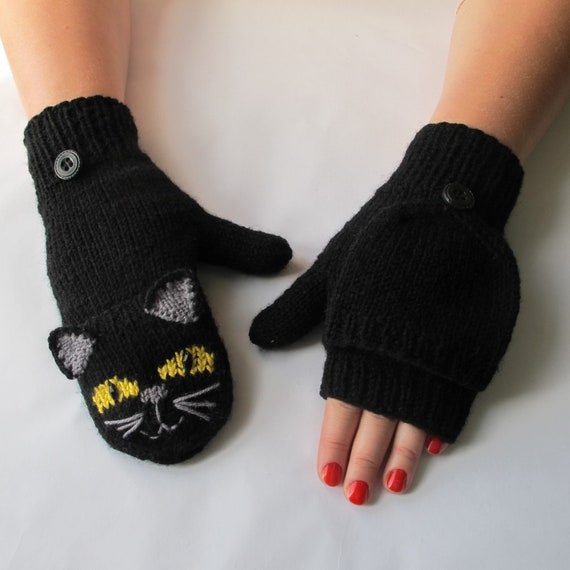 Fingerless Black Cat Mittens. Convertible Animal Mittens. Animal