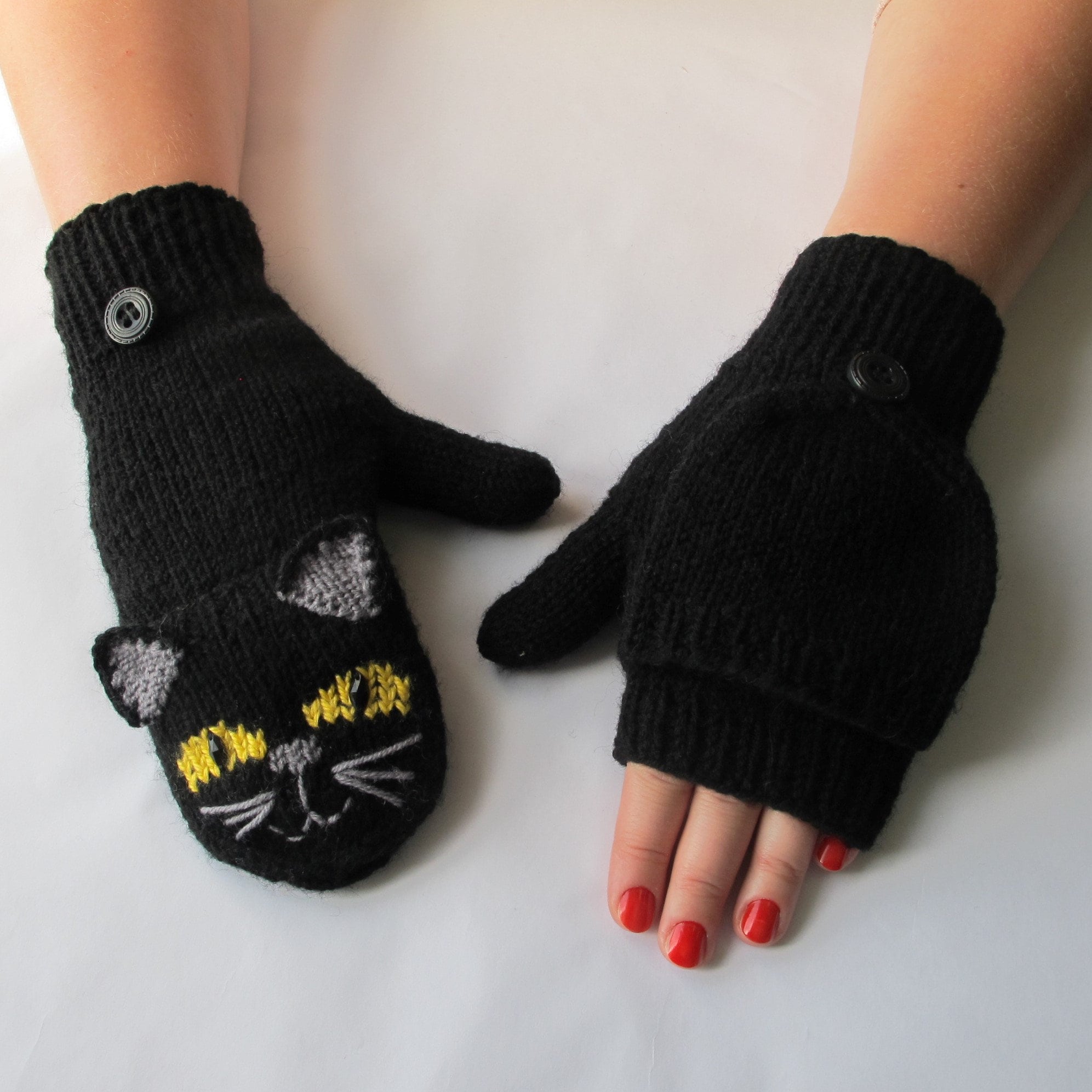 Fingerless black cat mittens. Convertible animal mittens. Etsy.de