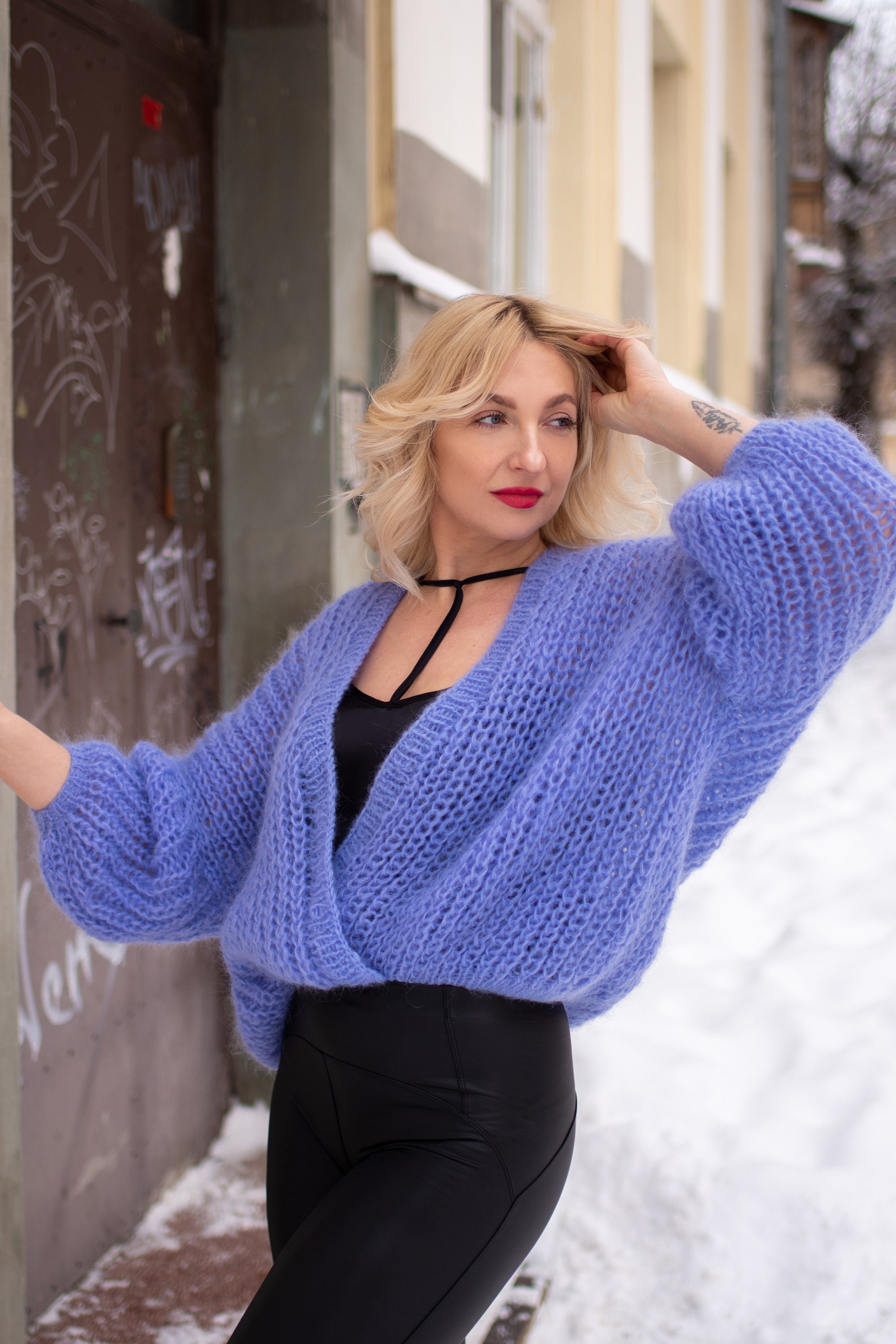 トップス +81 OVERSIZED MOHAIR CARDIGAN Hand Knitted Mohair Cardigan Over-sized Dark GRAY Blue Color