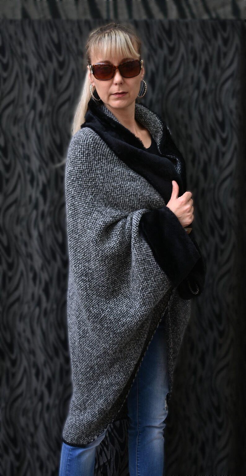 Women Knitt Mohair Wool Cardigan Poncho Sweater Oversized Asymmetric Coat Top Melange