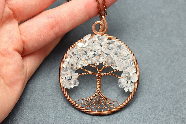 Crystal Quartz Necklace Pendant Wire Wrapped Tree-of-Life Necklace April Birthstone Necklace Protection Amulet Gift for Wife Gift For Mother