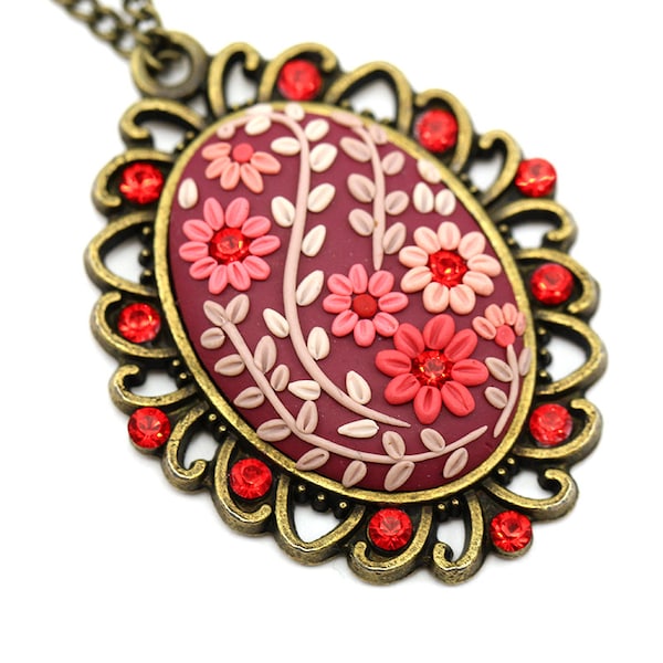 Floral Pendant Necklace "LOVE" Polymer Clay Embroidery Red Pink Burgundy Swarowski Crystals Feminine Necklace Red Wedding Bridal Pendant