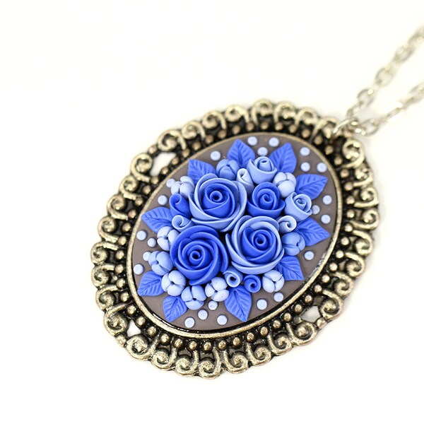 Bright Blue Floral Pendant Necklace Christmas Gift for Her Blue Flowers Necklace with Flowers Floral Jewelry Feminine Necklace Vintage Style