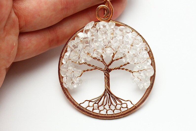 Crystal Quartz Necklace Pendant Wire Wrapped Tree-of-Life Necklace April Birthstone Necklace Protection Amulet Gift for Wife Gift For Mother
