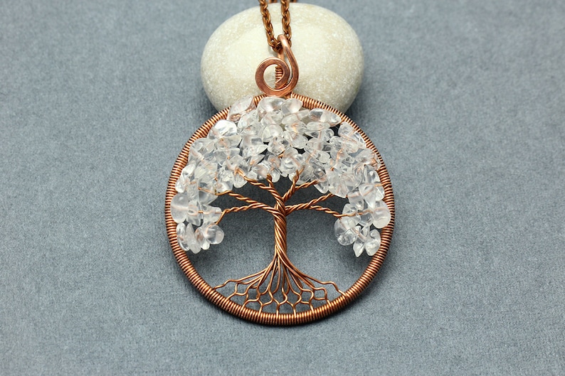 Crystal Quartz Necklace Pendant Wire Wrapped Tree-of-Life Necklace April Birthstone Necklace Protection Amulet Gift for Wife Gift For Mother