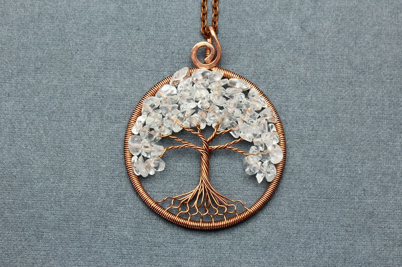Crystal Quartz Necklace Pendant Wire Wrapped Tree-of-Life Necklace April Birthstone Necklace Protection Amulet Gift for Wife Gift For Mother