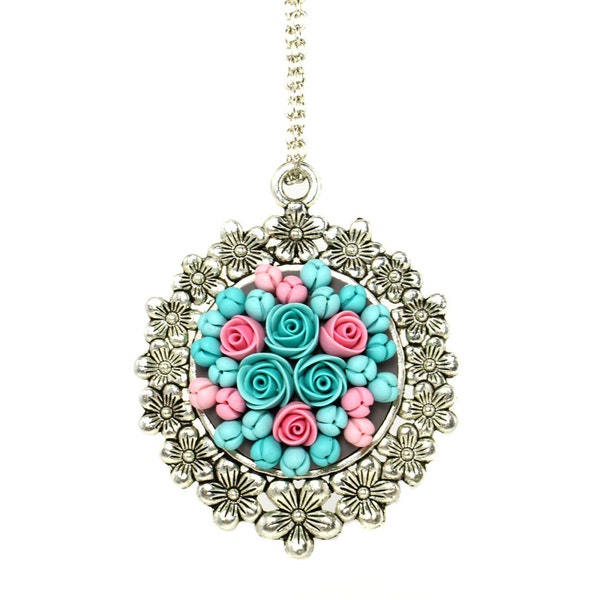 Mint Pendant Necklace "Love" Floral Jewelry Necklace with Flowers Gift for Her Pastel Colors Turquoise Pink Pendant Romantic Jewelry Rusteam
