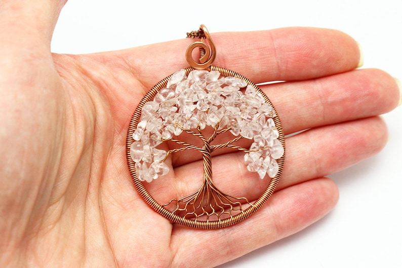 Crystal Quartz Necklace Pendant Wire Wrapped Tree-of-Life Necklace April Birthstone Necklace Protection Amulet Gift for Wife Gift For Mother