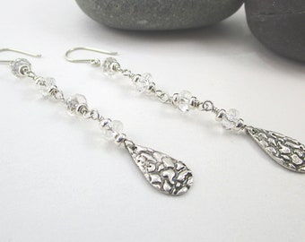 Long Dangle Drop Silver quartz Teardrop Earrings, Sterling Silver and Fine Silver Tear drop Dangle Handcrafted Earrings, Shiny Sparkle Clear