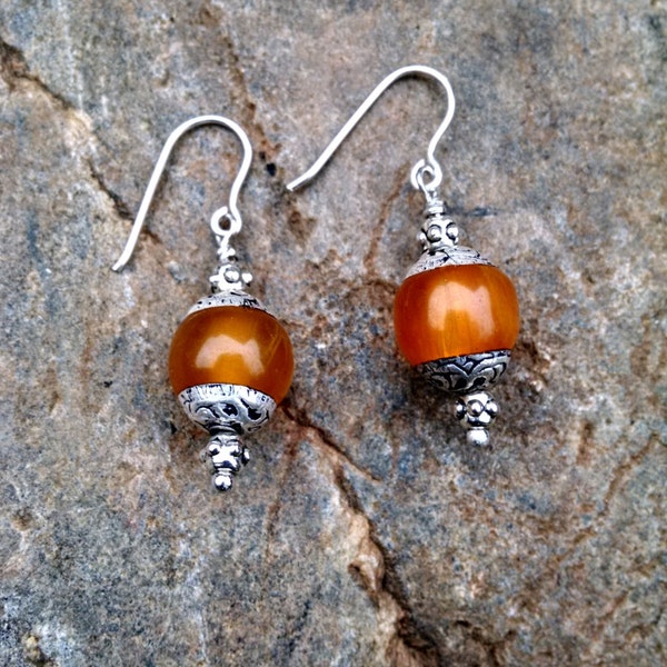 Orange and Silver Dangle Earrings, Amber Rondell Tibetan Bead Drop Earrings