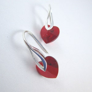 Red Swarovski Crystal Heart Drop Dangle Silver Earrings, Red Heart Jewelry, Red Heart Lightweight Earrings,Sterling Silver Ear Wires