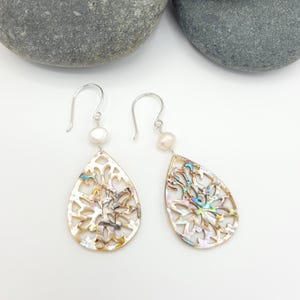 Carved Abalone Shell Teardrop Earrings: Sterling Silver, Pearl Accent