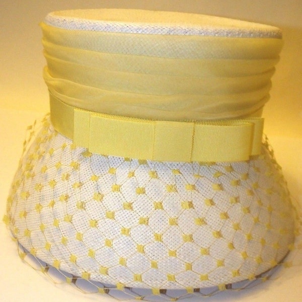 VINTAGE Women's White Woven Hat with Yellow Netting and Yellow Ribbon Bow