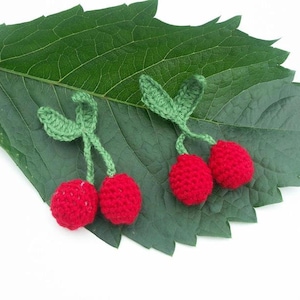 Könnte beinhalten: Zwei gehäkelte Kirschen mit grünen Stielen und Blättern auf einem grünen Blatt.