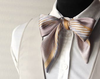 Printed silk champagne beige scarf Boom Bow Women bow tie Twilly scarf 100% silk BoomBow W022