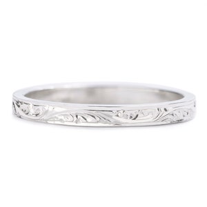 Hand Engraved 2mm Narrow Scroll Wedding Band Ring