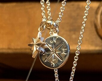 Recycled Sterling Silver Compass Necklace, Celestial North Star Pendant