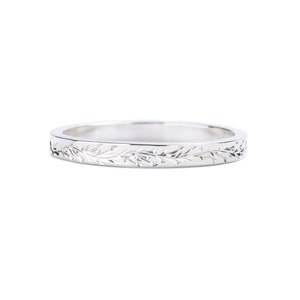 Hand engraved floral vine wedding ring band, Narrow, Handmade, Sterling Silver, Gold, Platinum