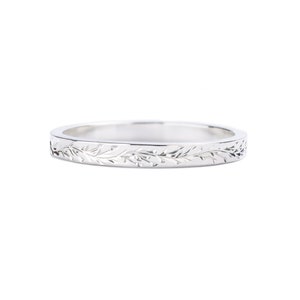 Hand engraved 2mm floral vine wedding ring band, Narrow, Handmade, Sterling Silver, Gold, Platinum, christmas, promise ring