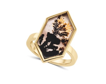 Handmade dendritic agate ring in 9ct yellow gold,one of a kind cocktail ring.