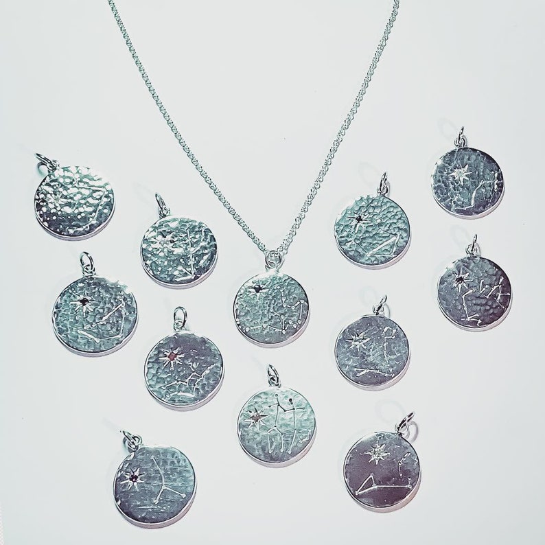 May include: Twelve silver pendants with different constellations and a single red gemstone in each. The pendants are on a white surface.