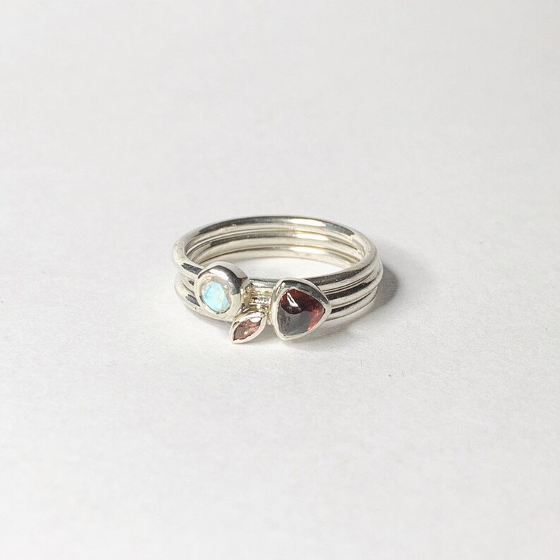 Garnet and moonstone stacking rings handmade in sterling silver Gifts for her christnas gifts handmade gifts