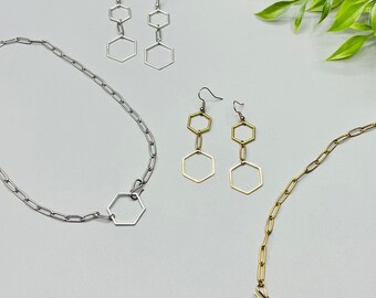 Hexagon Necklace and Earrings Set: Stainless Steel Honeycomb Jewelry