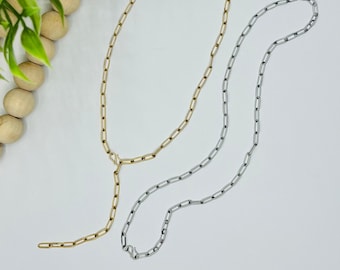 Adjustable Paper Clip Chain Necklace: Stainless Steel Lariat