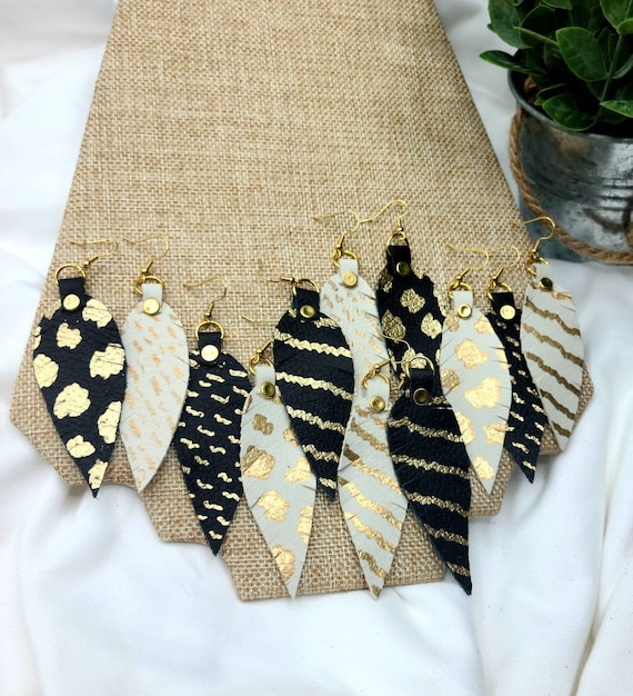 Leather Earrings, Leather Animal Print Earrings, Statement Earrings, Black Animal Print Earrings, White Animal Print Earrings