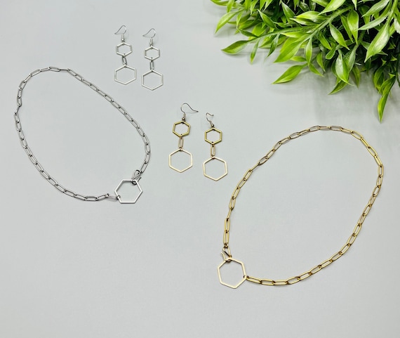 Gold Necklace and Earrings, Silver Necklace and Earrings, Simple Necklace,  Honeycomb, Hexagon, Gold Earrings, Silver Earrings