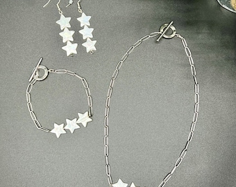 Star Ceramic Beaded White Earrings, Bracelet, and Necklace