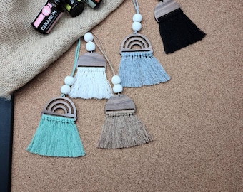 Essential Oil Car Diffuser, Featuring Macrame Fringe on Geometric Wooden Shape and Lava Beads