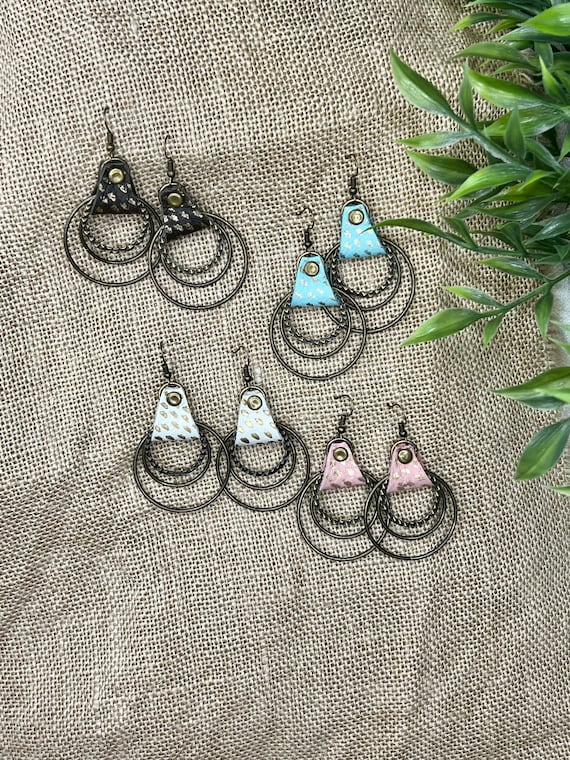 Speckled Leather Metal Earrings, Gold Specks, Metal Hoops, Black Leather, Pink Leather, Teal Leather, Cream Leather