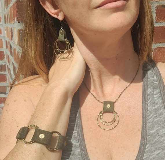 Leather Short Boho Necklace, Available In Green Leather Or Gold Shimmer Lambskin