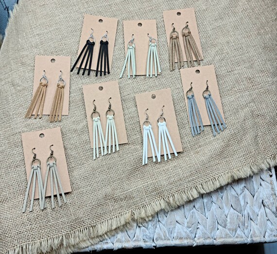 Fringe Leather Earrings Neutral -Long Leather Earrings- Boho Earrings- Statement Earrings- Hoop Fringe Earrings- Statement Jewelry