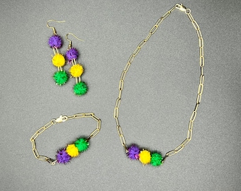 Mardi Gras Pom Pom Necklace, Bracelet, and Earrings